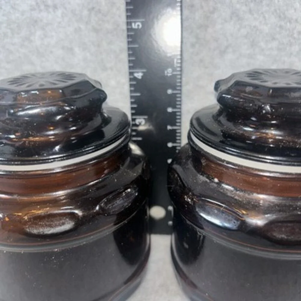 Set 4 Cremora VNTG 1970's Dark Amber Brown Glass Apothecary Jar  Starburst Lid
